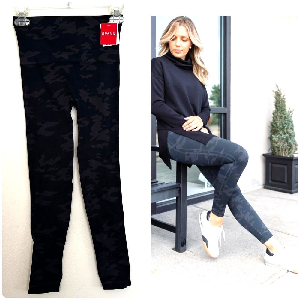 SPANX Look At Me Now Seamless Leggings in a Black Camo Pattern